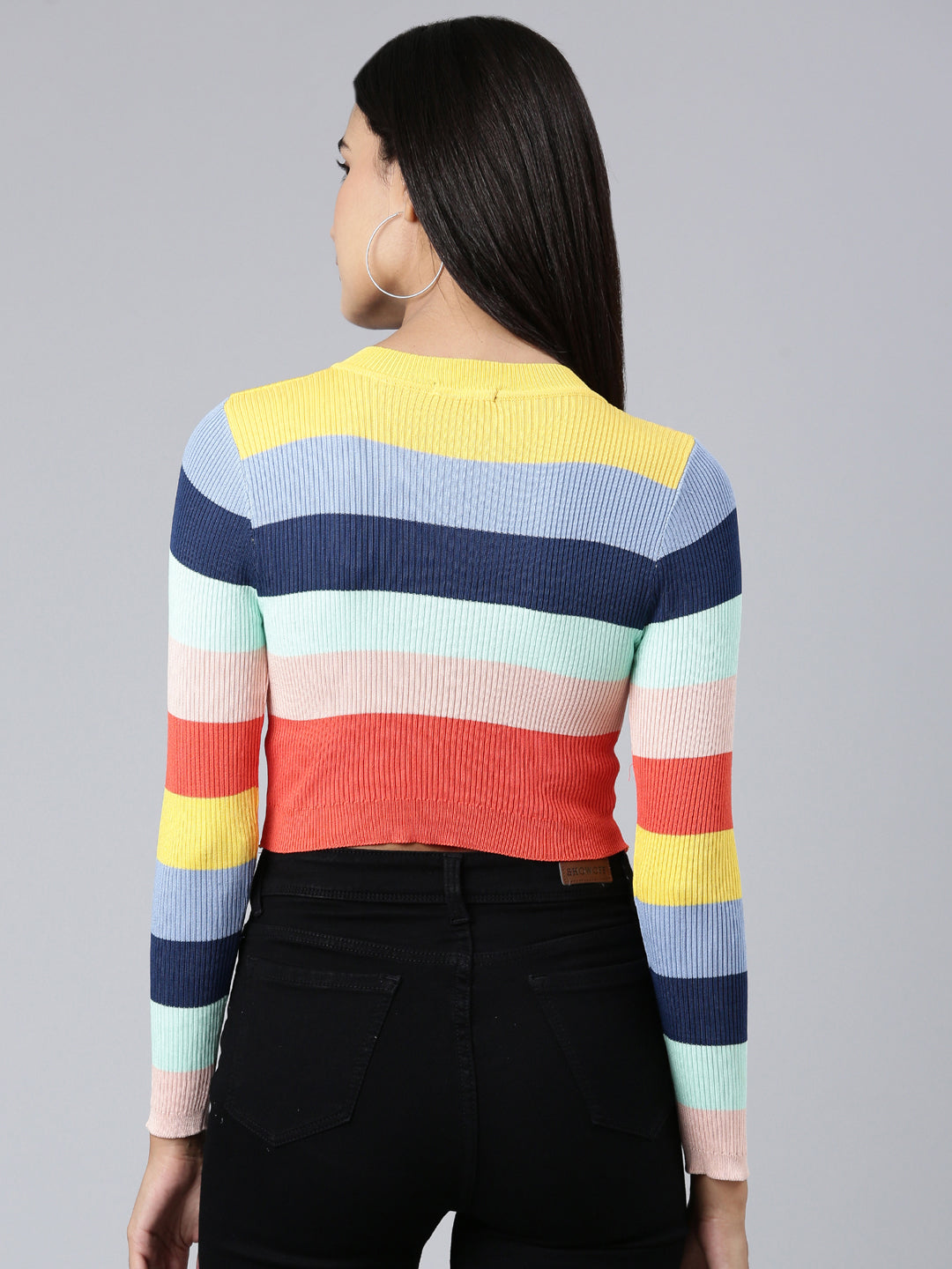 Women's Multi Striped Band Collar Crop Top