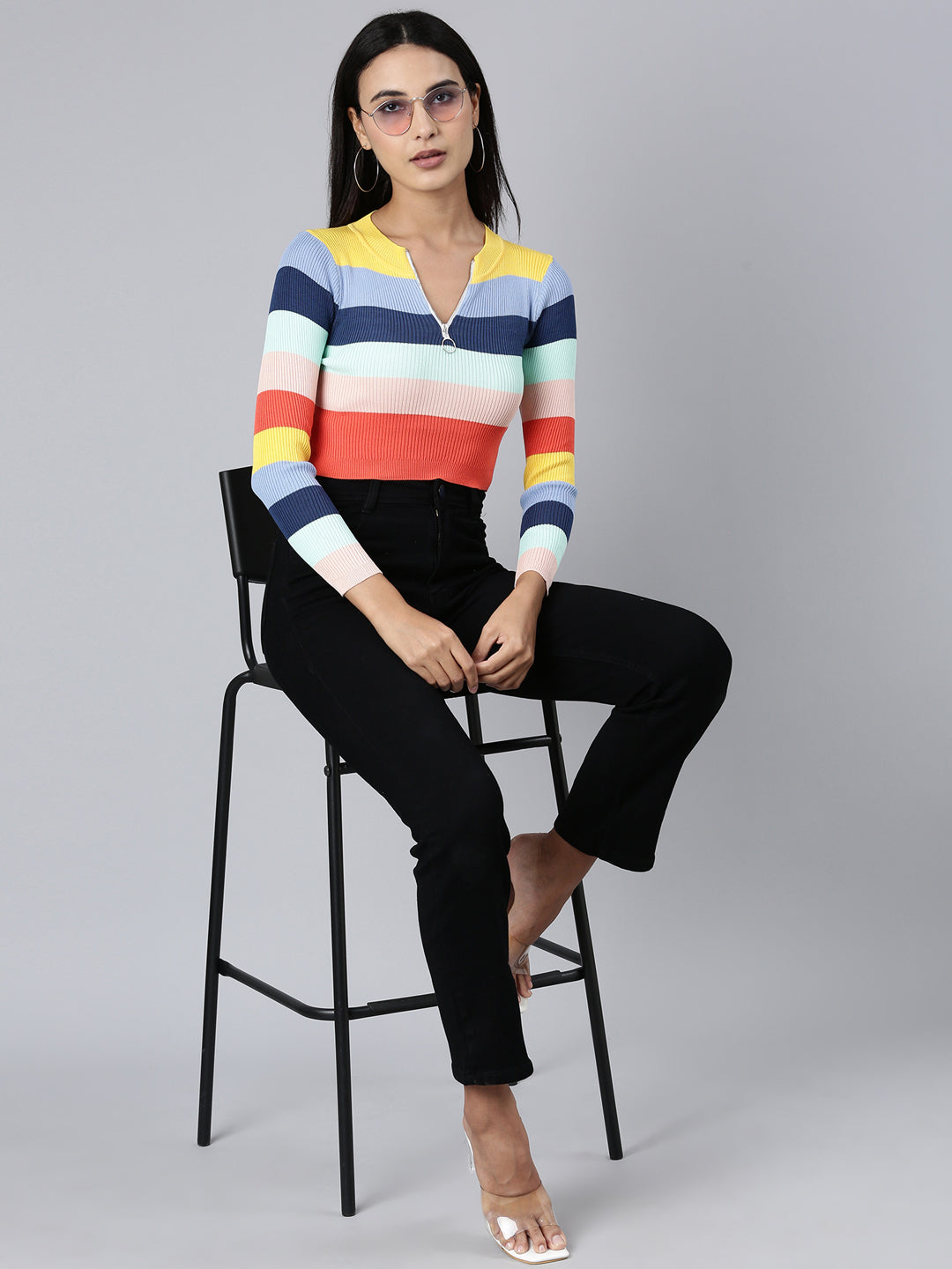 Women's Multi Striped Band Collar Crop Top