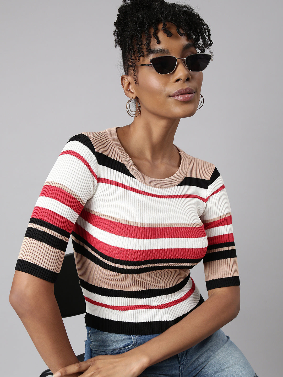 Women Beige Horizontal Stripes Fitted Top