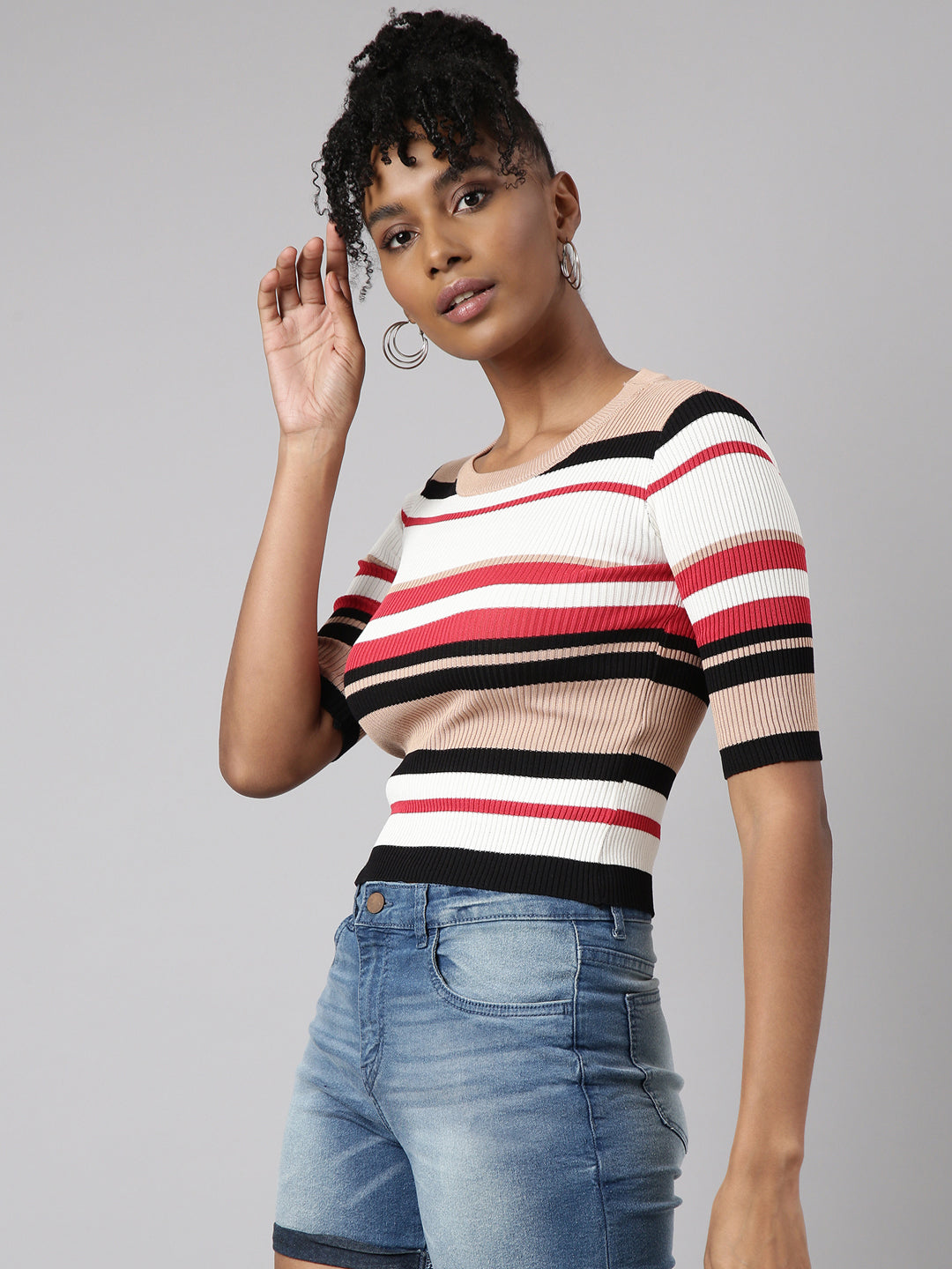 Women Beige Horizontal Stripes Fitted Top