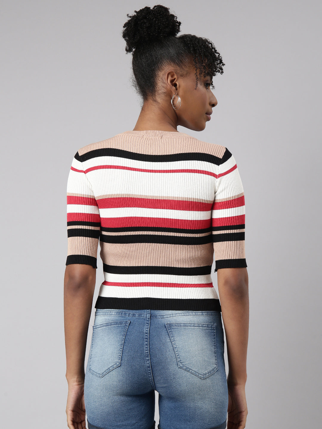 Women Beige Horizontal Stripes Fitted Top