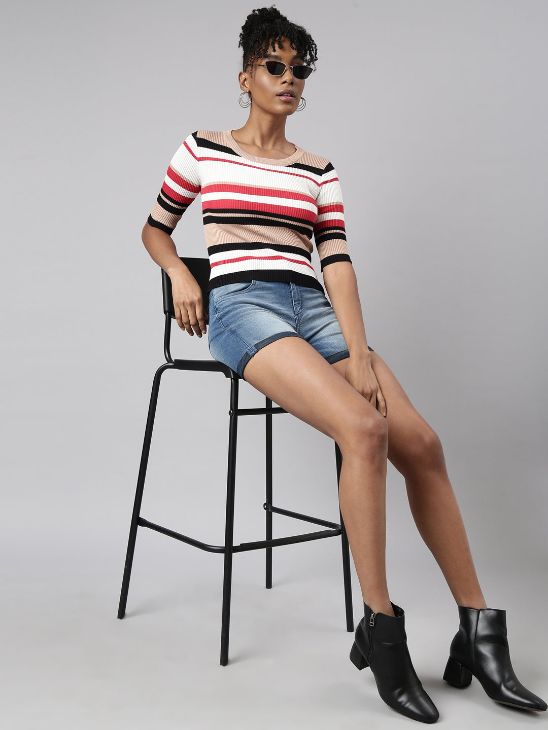 Women Beige Horizontal Stripes Fitted Top