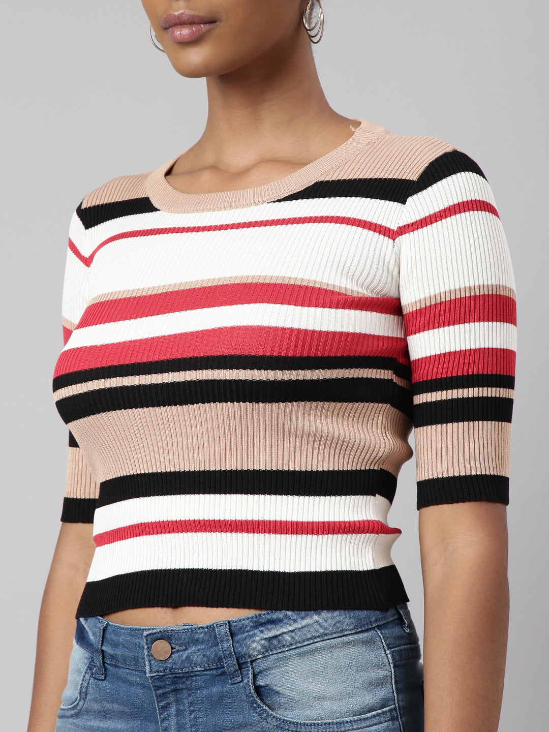 Women Beige Horizontal Stripes Fitted Top