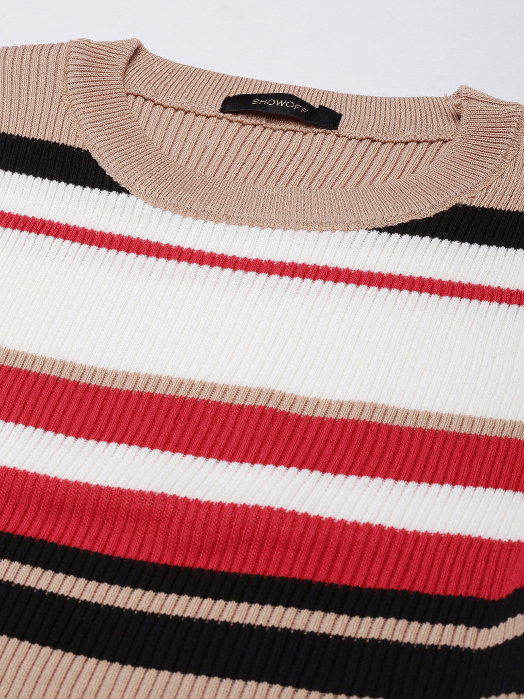 Women Beige Horizontal Stripes Fitted Top