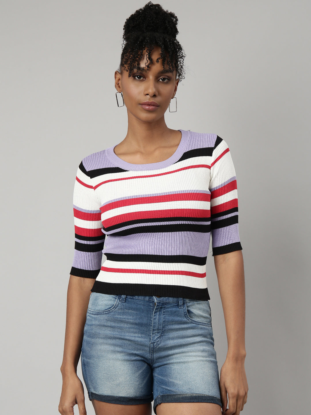 Women Lavender Horizontal Stripes Fitted Top