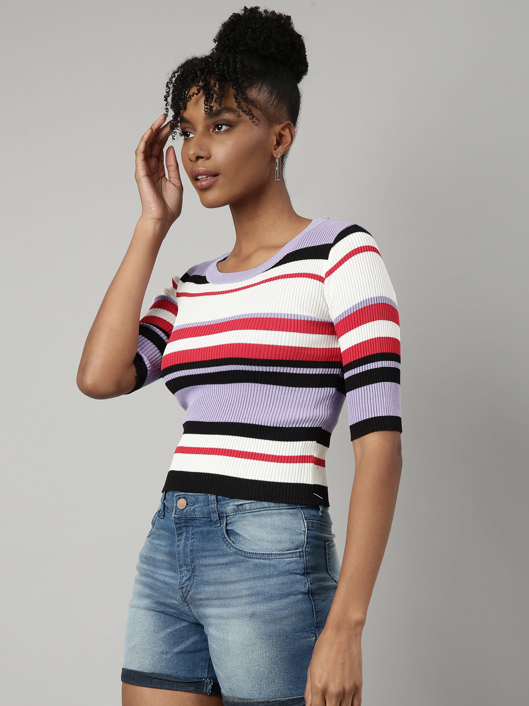 Women Lavender Horizontal Stripes Fitted Top