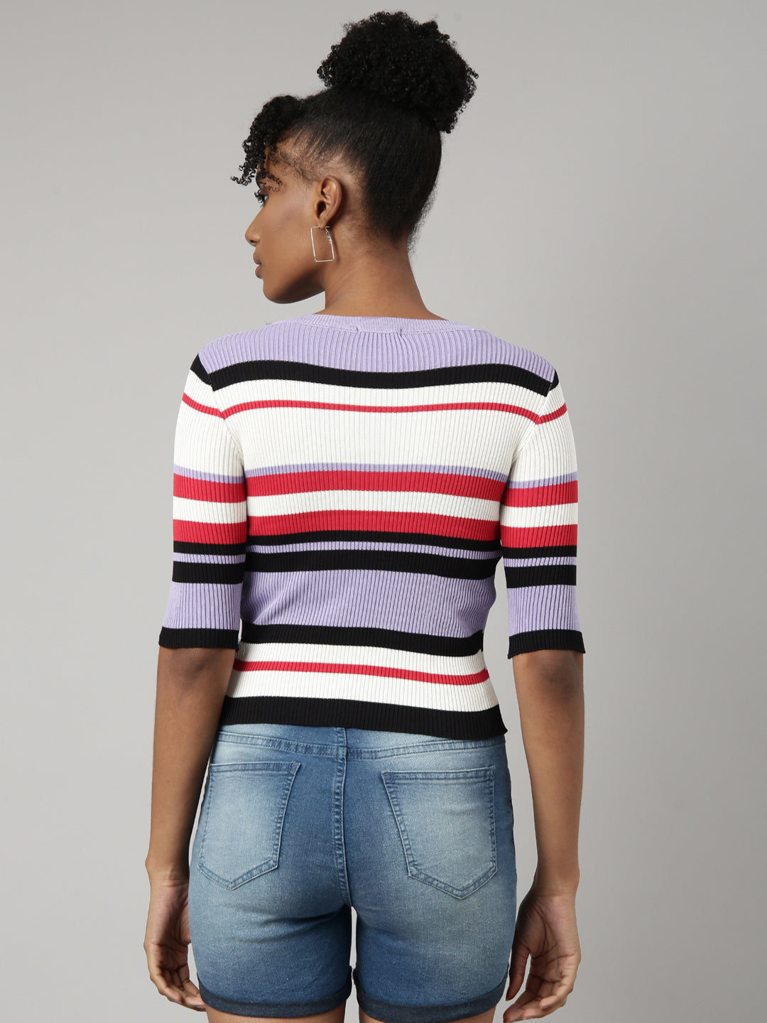 Women Lavender Horizontal Stripes Fitted Top