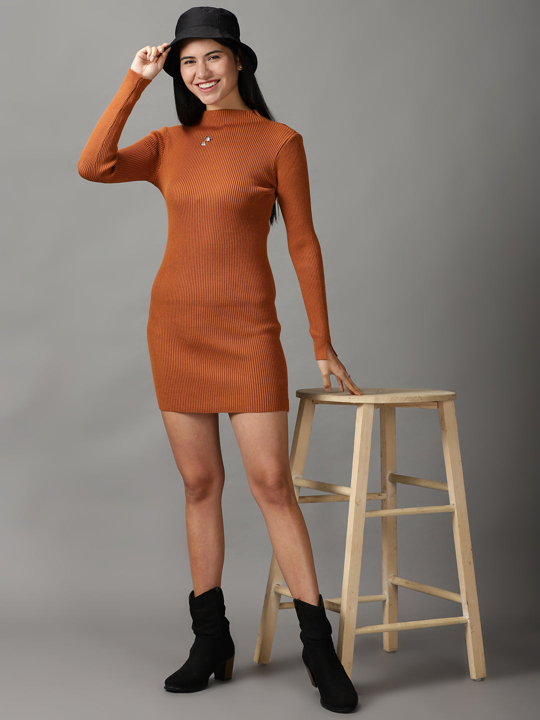 Women's Brown Solid Bodycon Dress