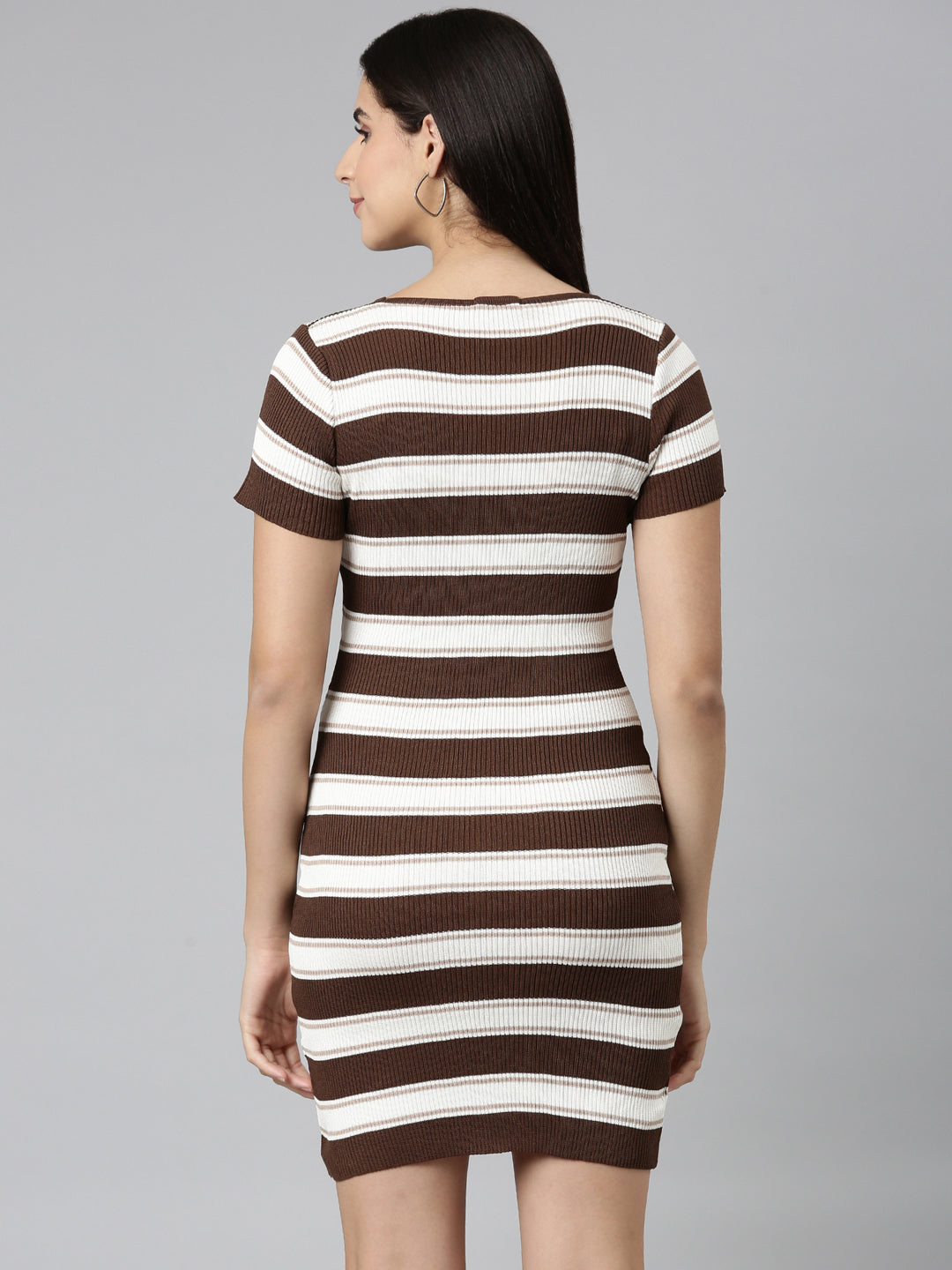 Women Coffee Brown Striped Bodycon Dress