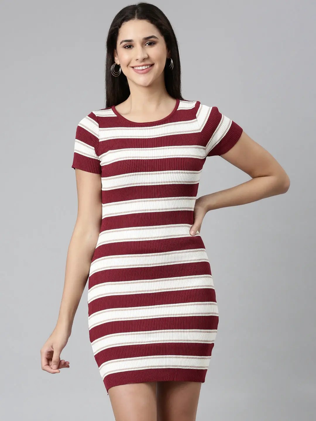 Women's Maroon Striped Bodycon Dress