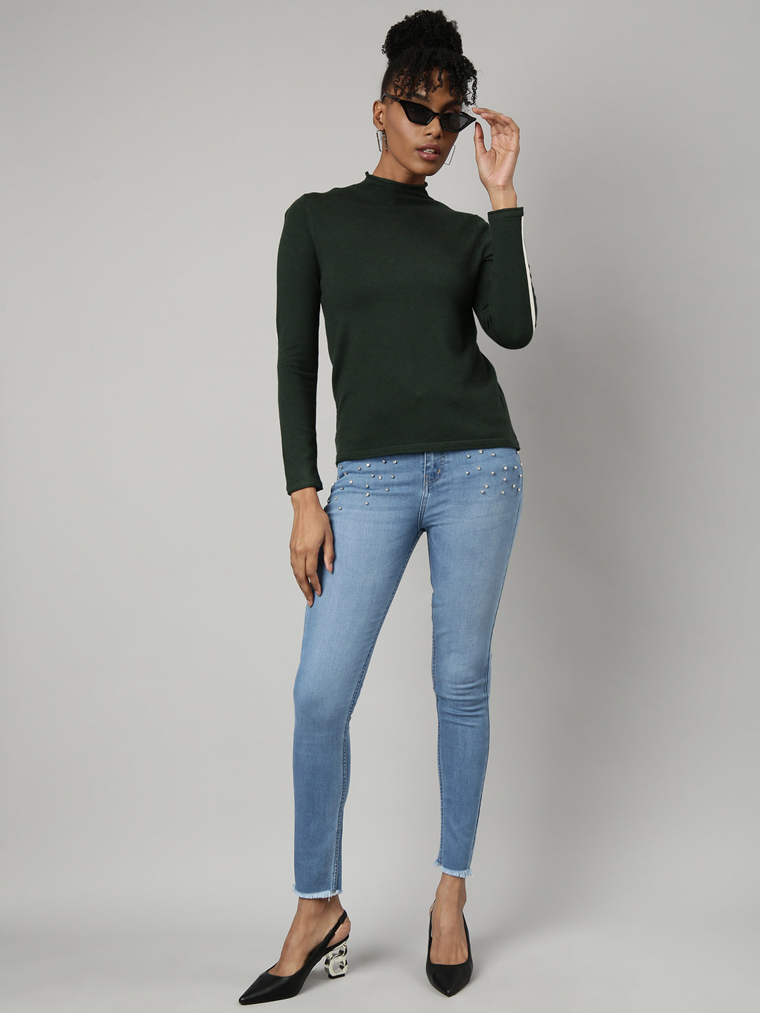 Women Green Solid Fitted Top