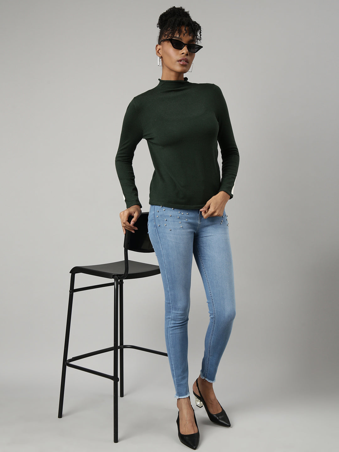 Women Green Solid Fitted Top