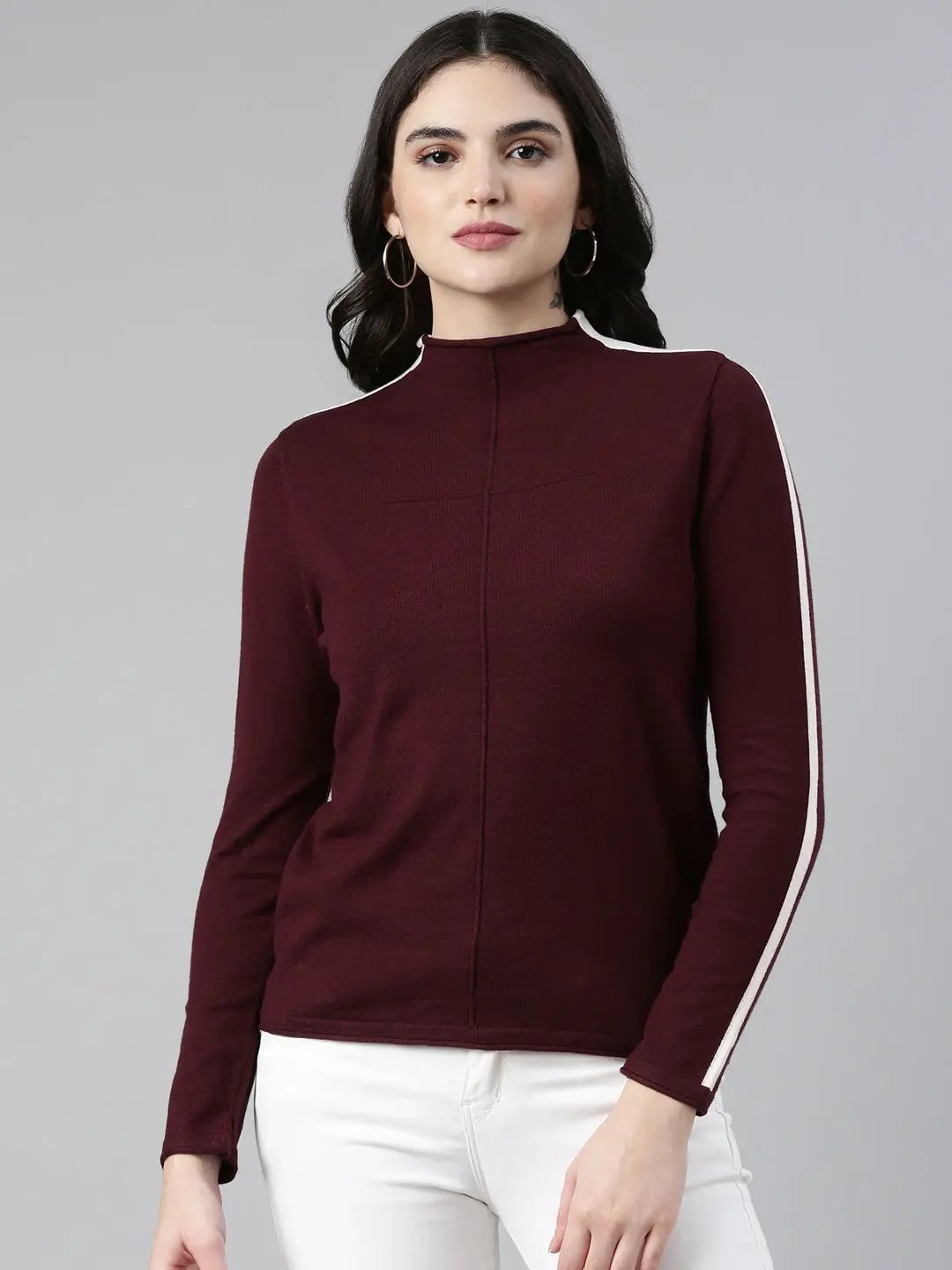 Women's High Neck Solid Regular Sleeves Fitted Violet Top