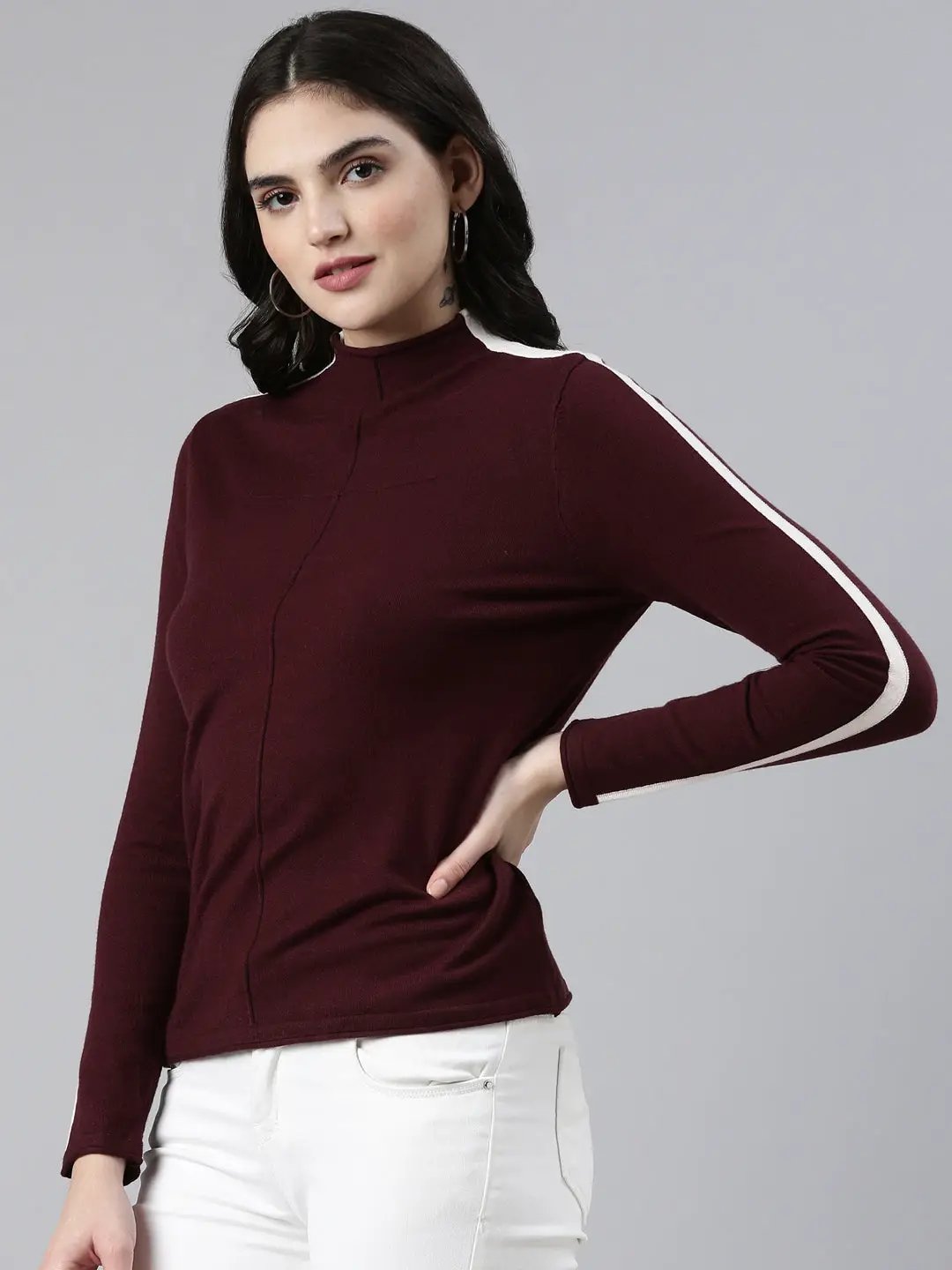 Women's High Neck Solid Regular Sleeves Fitted Violet Top