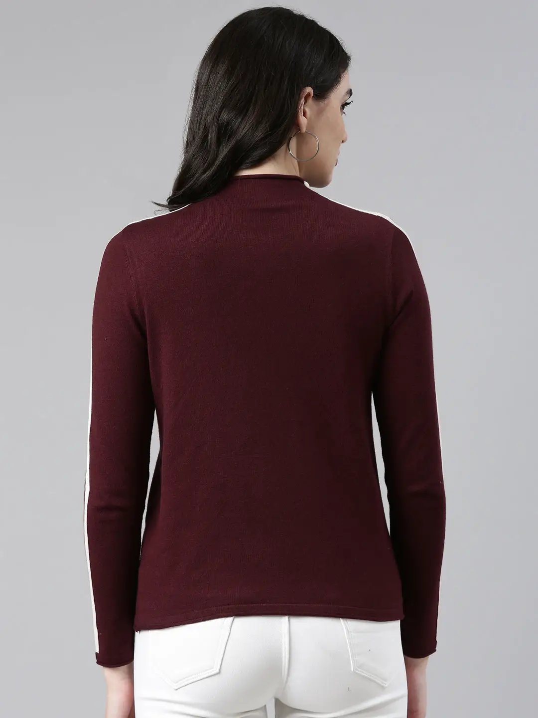 Women's High Neck Solid Regular Sleeves Fitted Violet Top