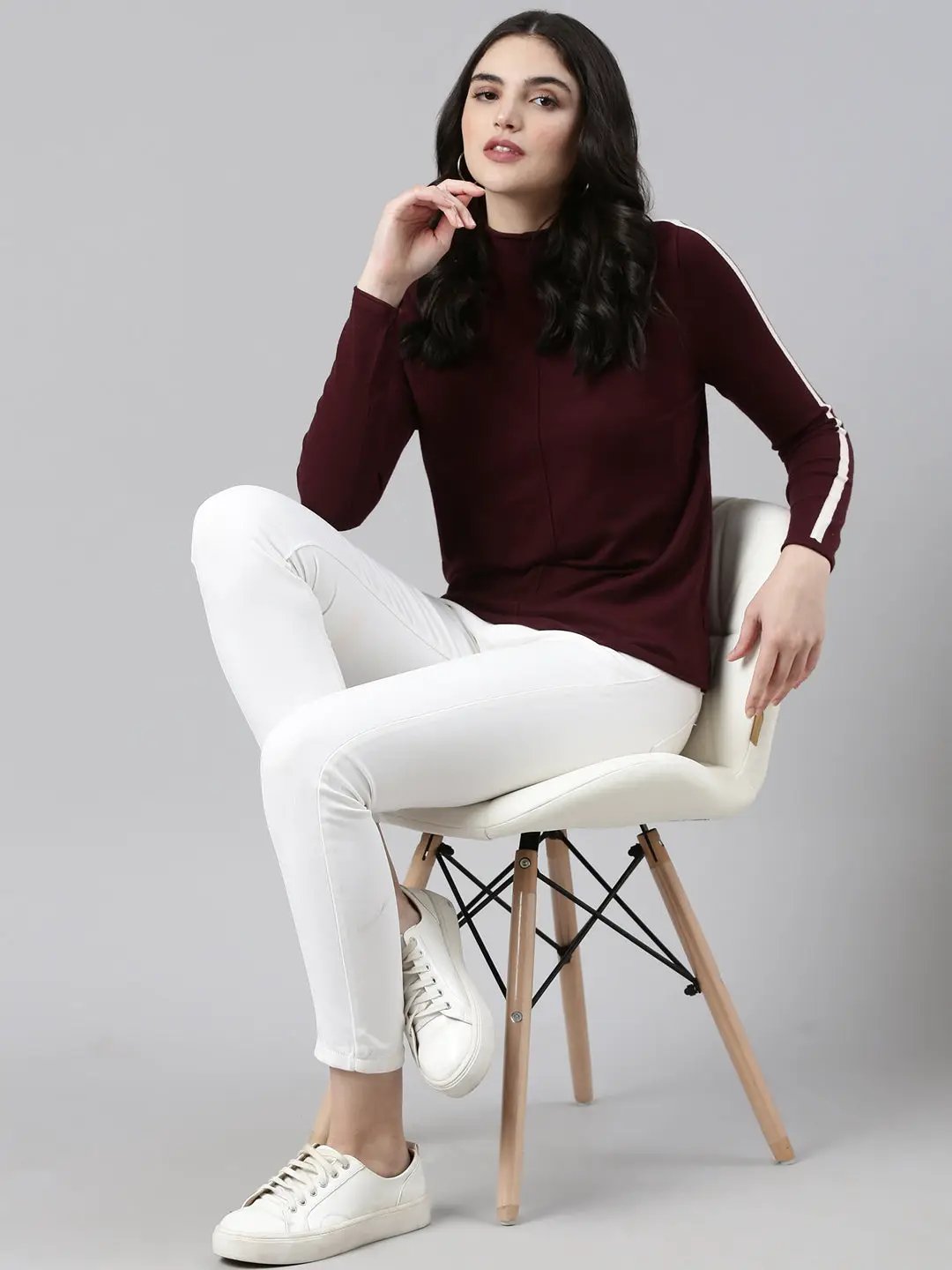 Women's High Neck Solid Regular Sleeves Fitted Violet Top
