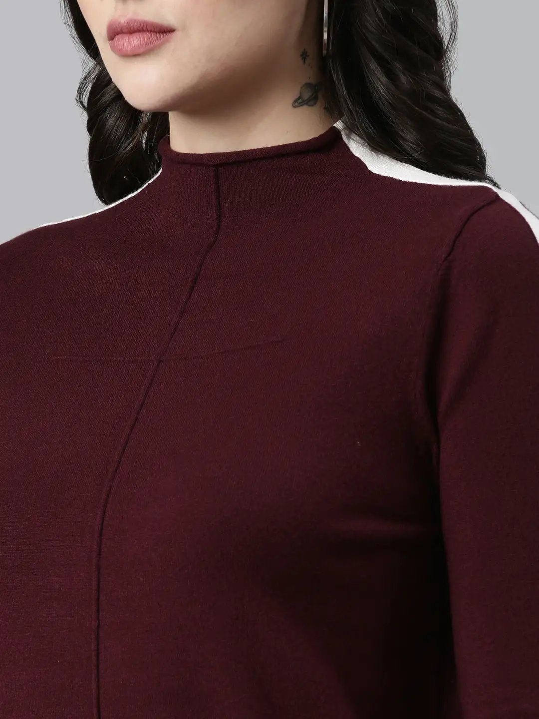 Women's High Neck Solid Regular Sleeves Fitted Violet Top