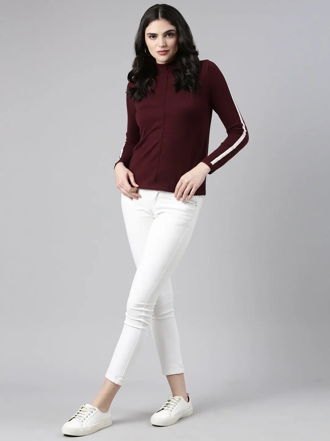 Women's High Neck Solid Regular Sleeves Fitted Violet Top