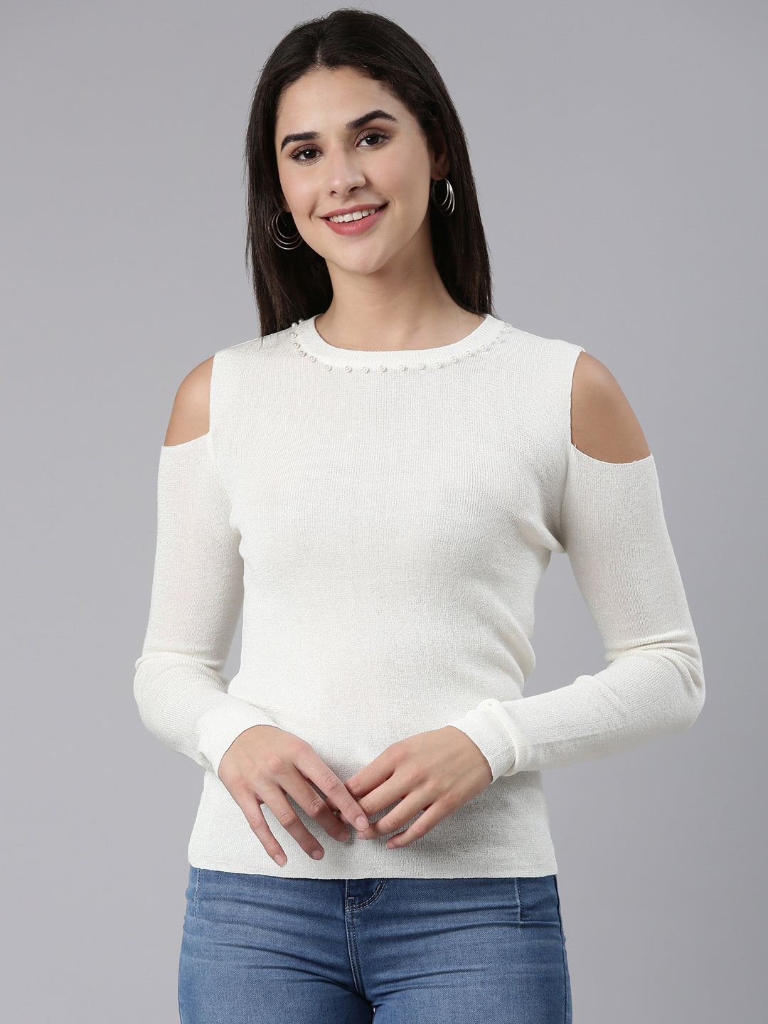 Women Round Neck Embellished Off White Fitted Regular Top