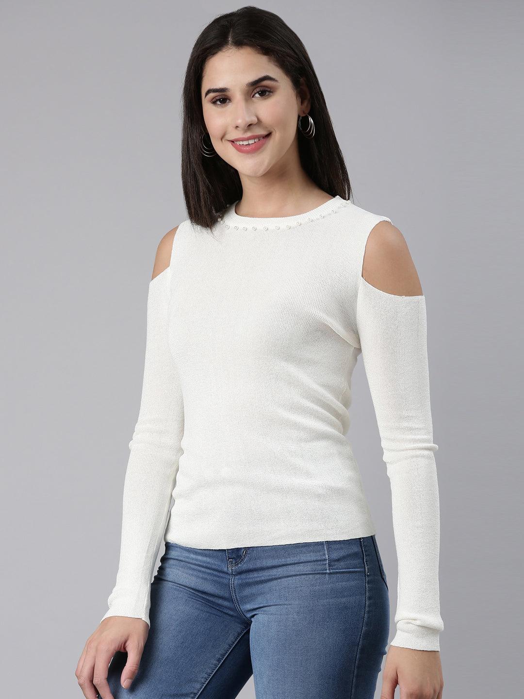 Women Round Neck Embellished Off White Fitted Regular Top