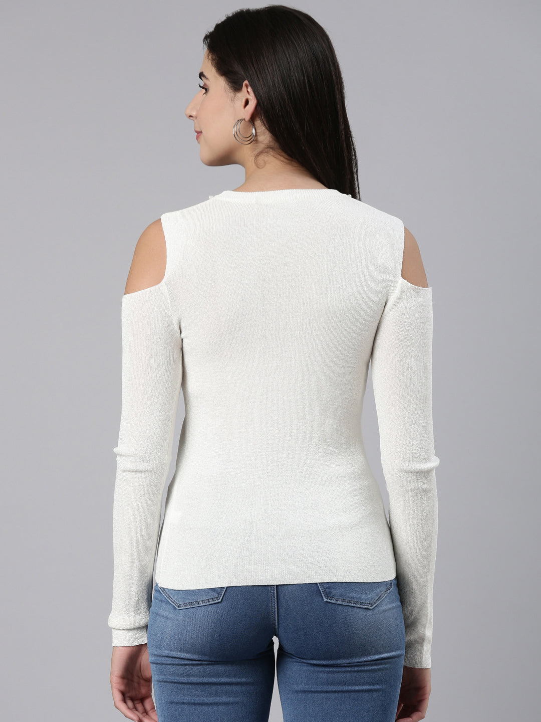 Women Round Neck Embellished Off White Fitted Regular Top