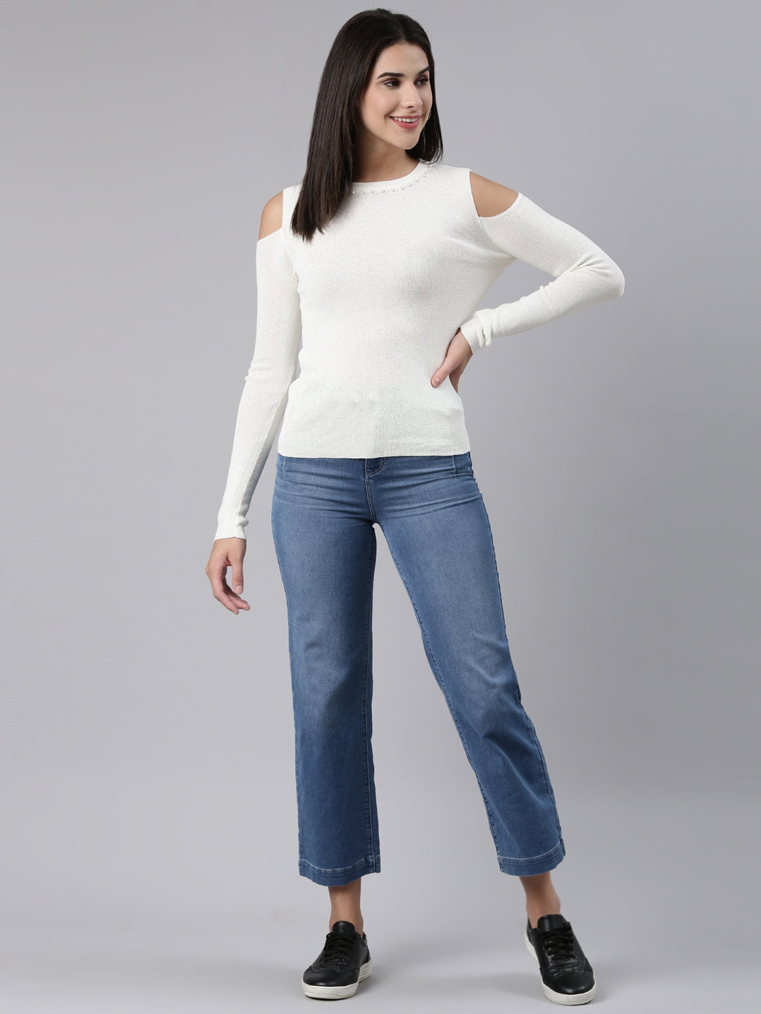 Women Round Neck Embellished Off White Fitted Regular Top