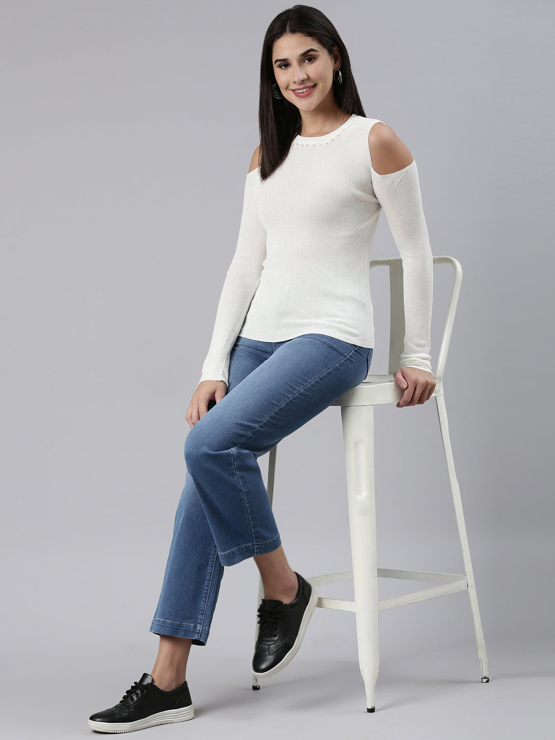 Women Round Neck Embellished Off White Fitted Regular Top