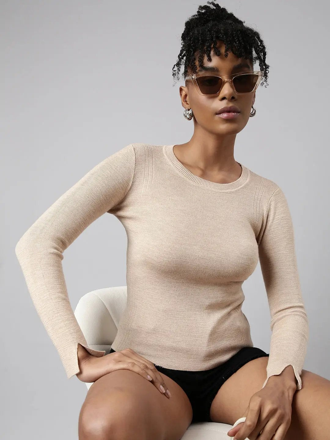 Women's Beige Solid Fitted Top