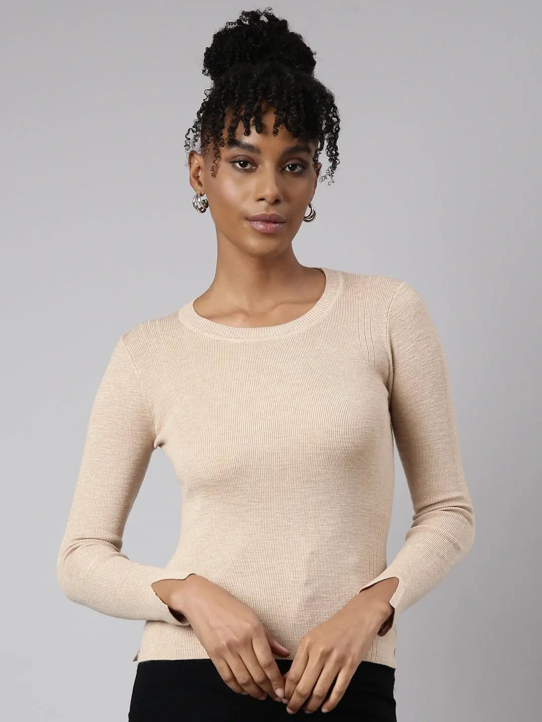 Women's Beige Solid Fitted Top