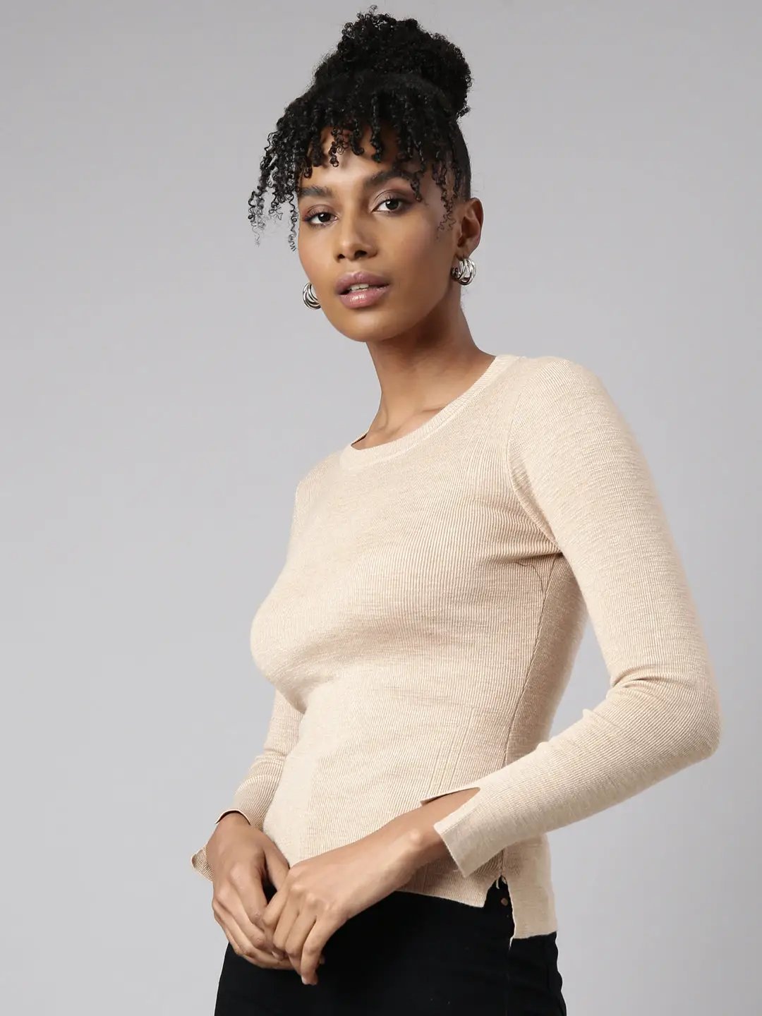 Women's Beige Solid Fitted Top