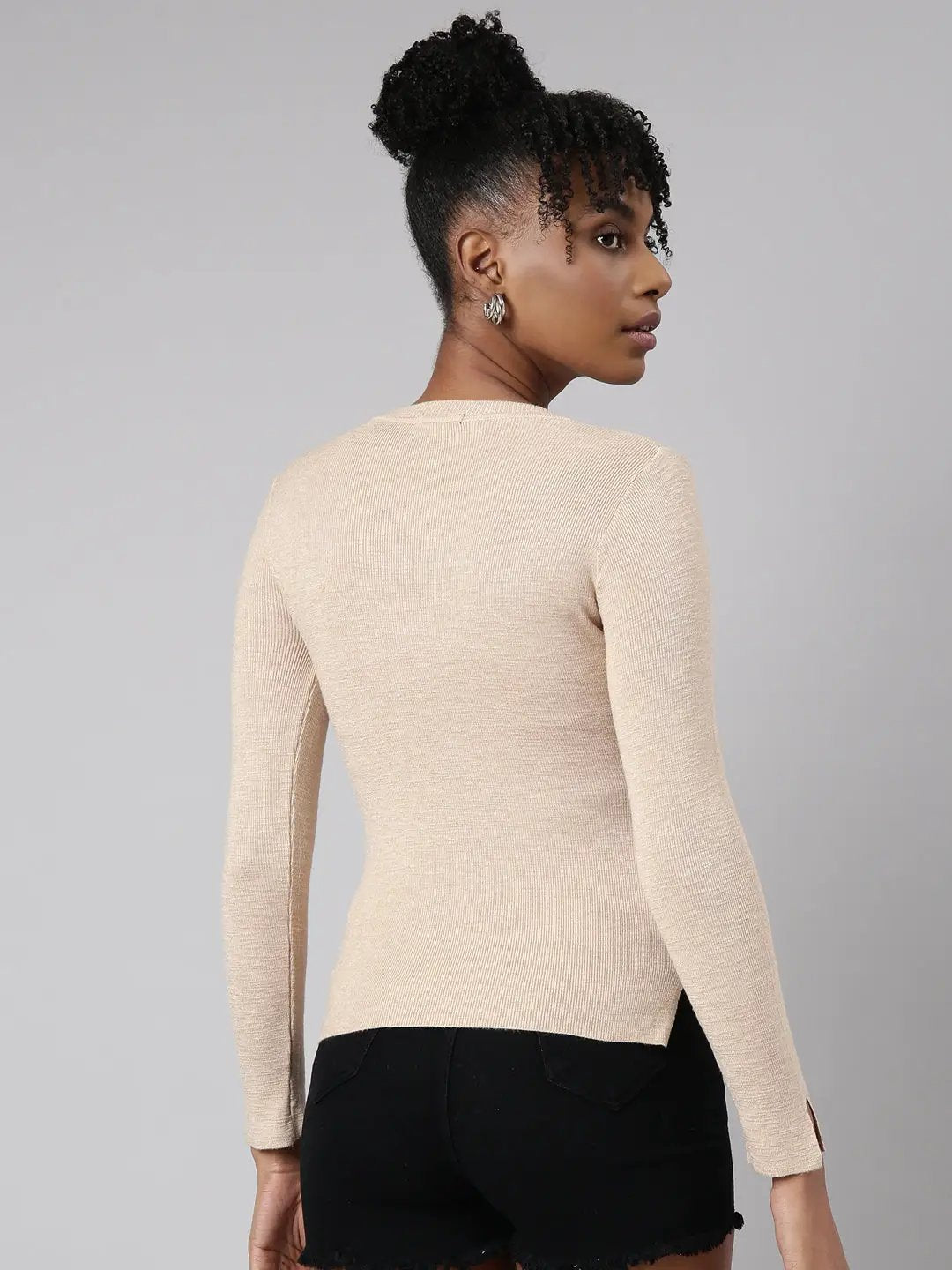 Women's Beige Solid Fitted Top