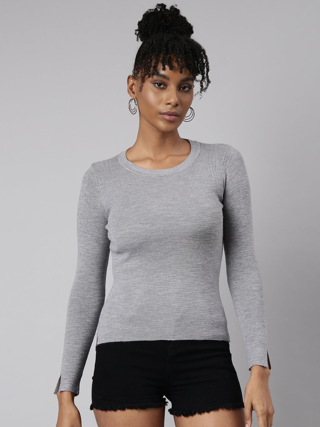 Women Grey Solid Fitted Top