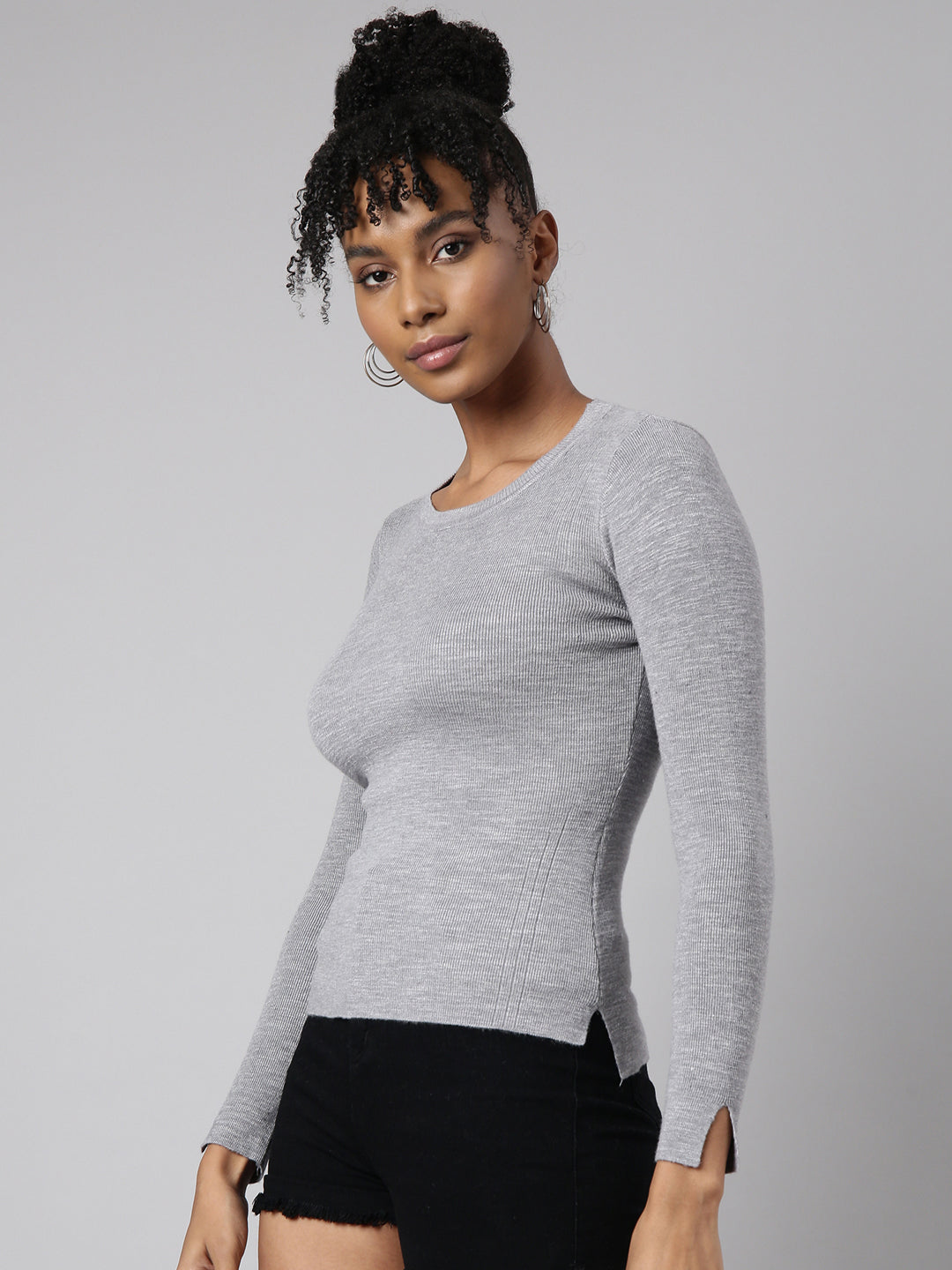 Women Grey Solid Fitted Top