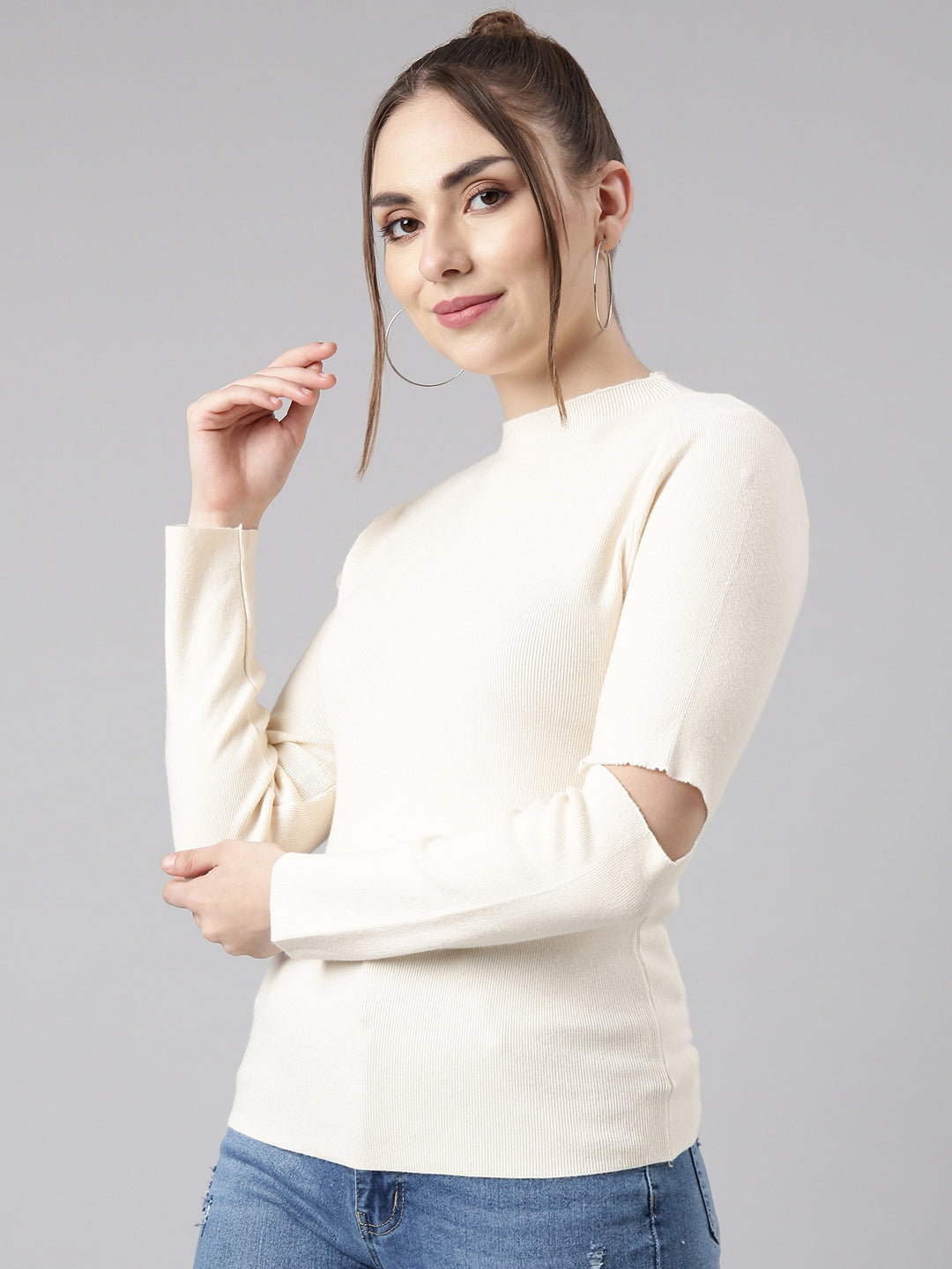 Women Cream Solid Fitted Top