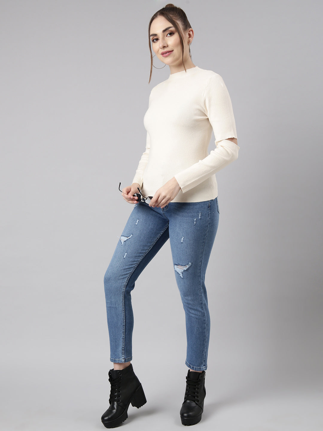 Women Cream Solid Fitted Top