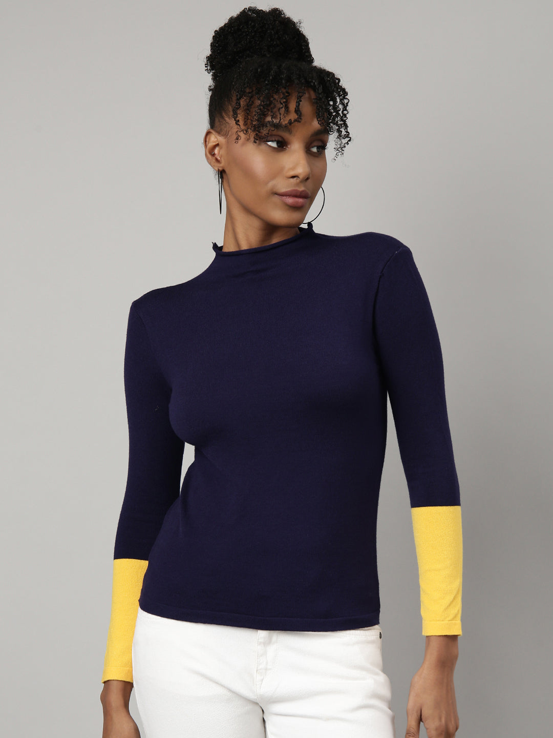 Women Navy Blue Solid Fitted Top