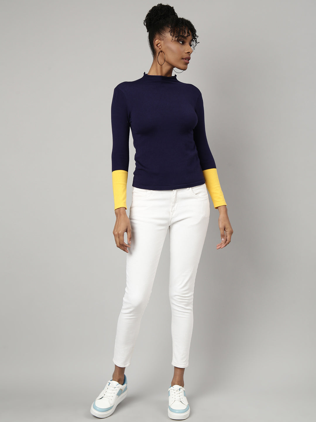 Women Navy Blue Solid Fitted Top