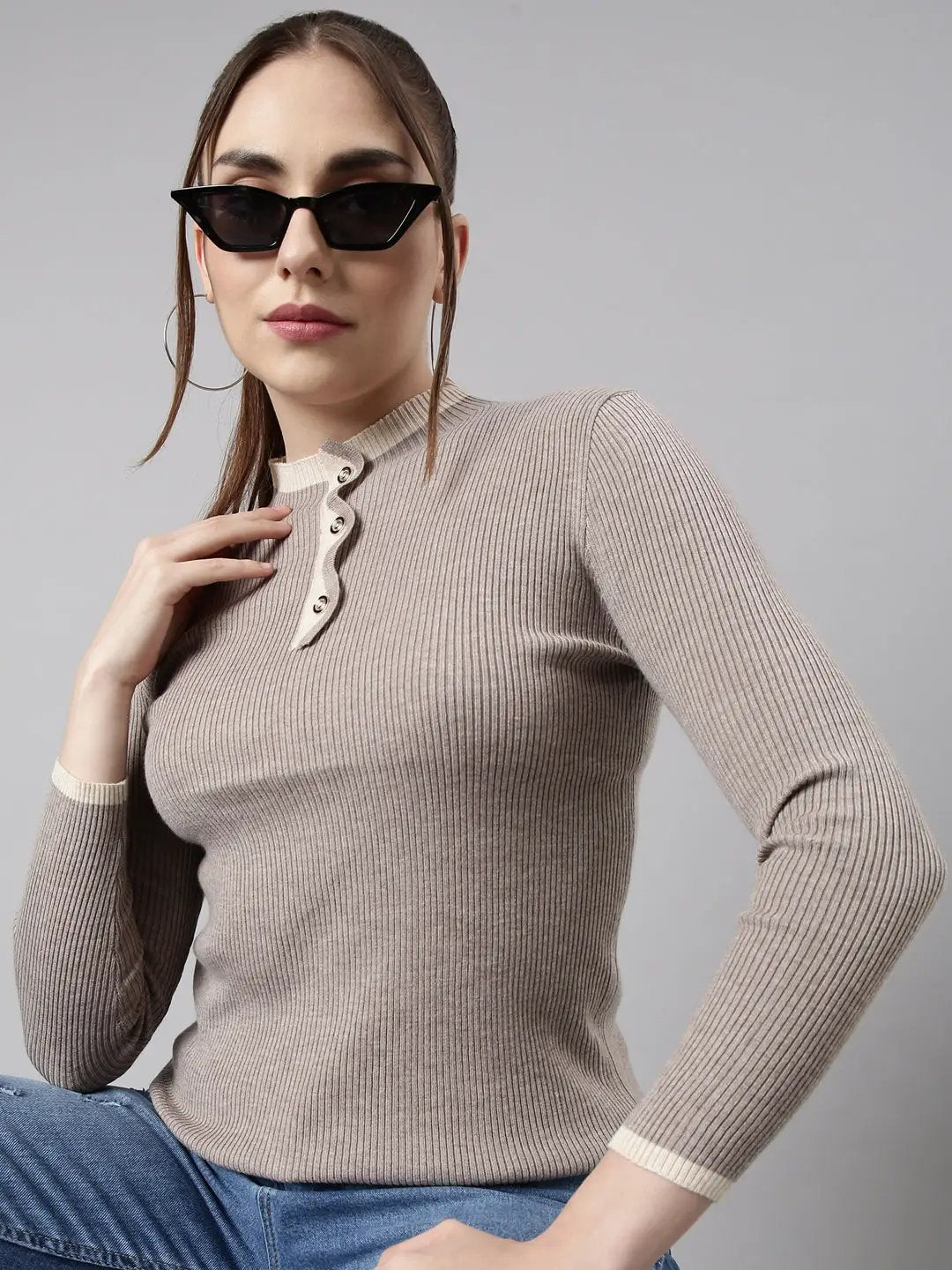 Women's Beige Solid Fitted Top