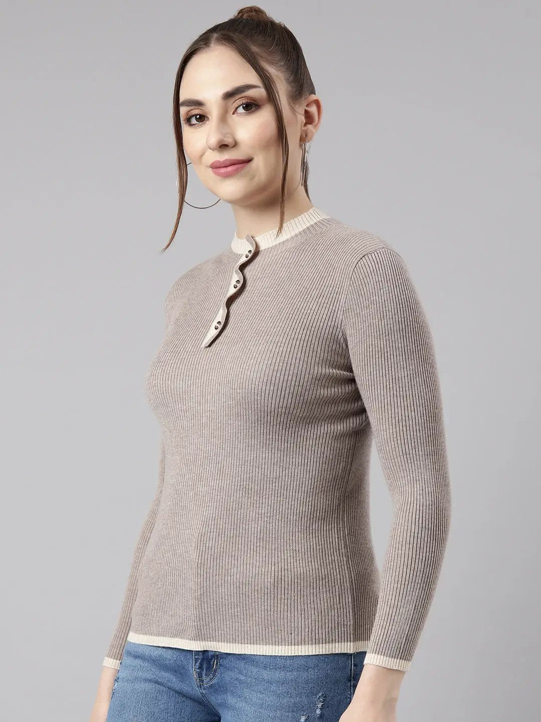 Women's Beige Solid Fitted Top