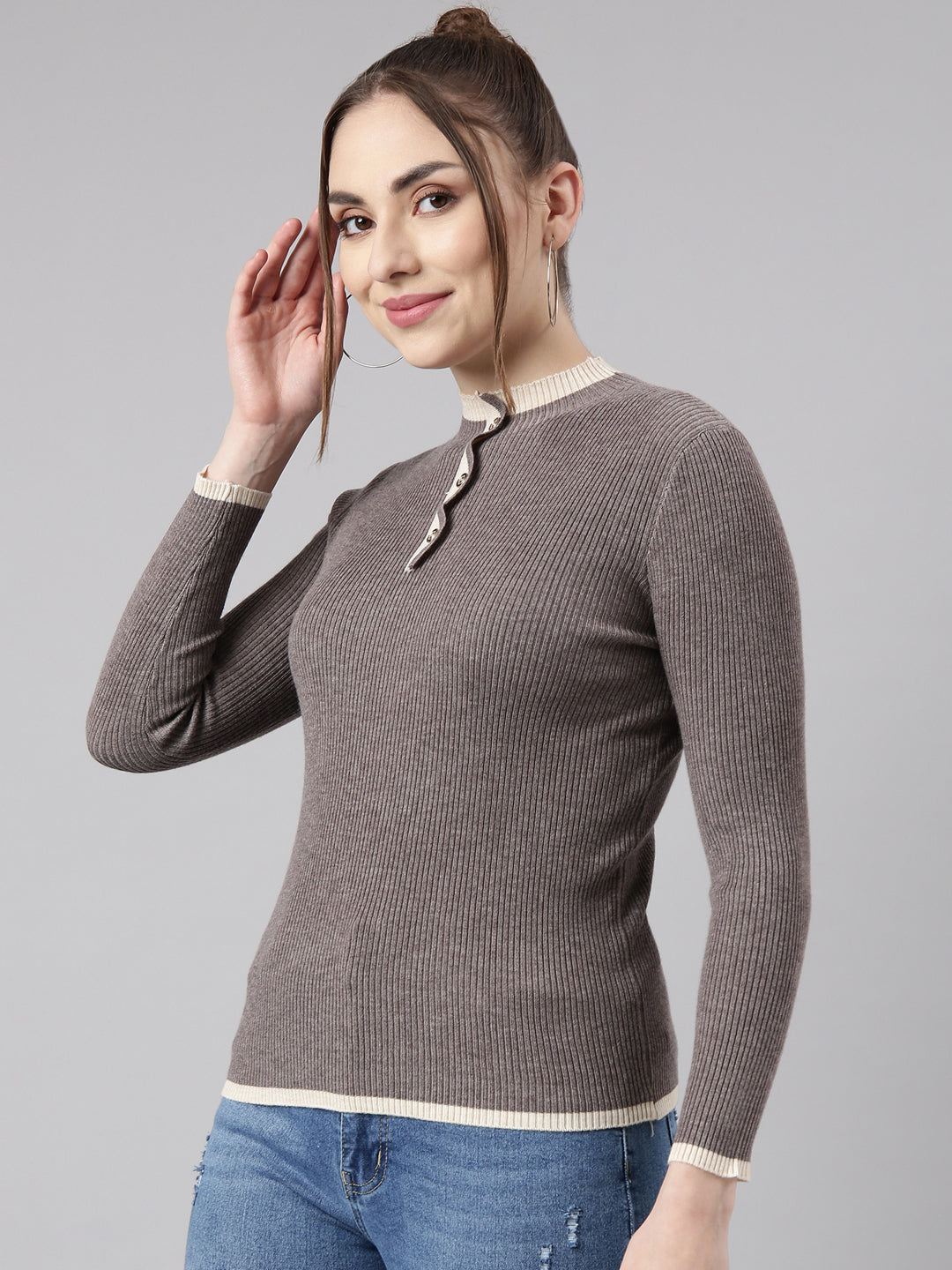 Women Grey Solid Fitted Top