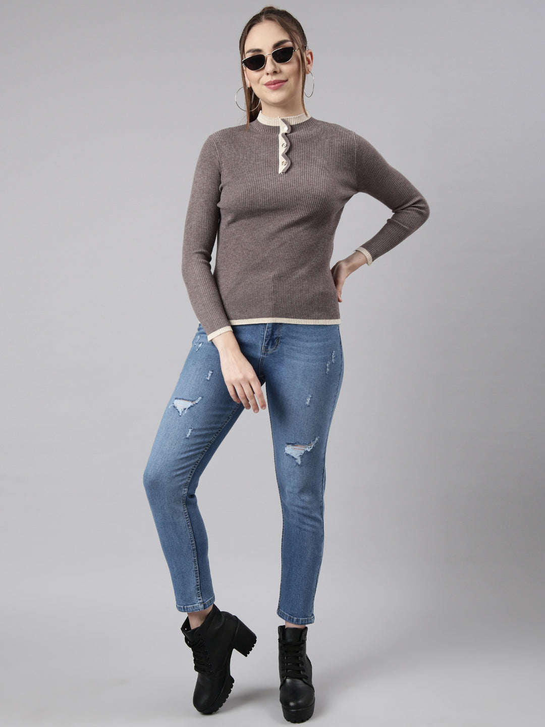 Women Grey Solid Fitted Top