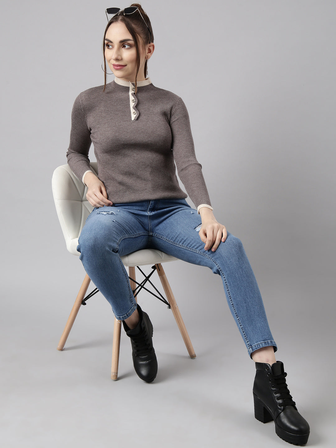 Women Grey Solid Fitted Top