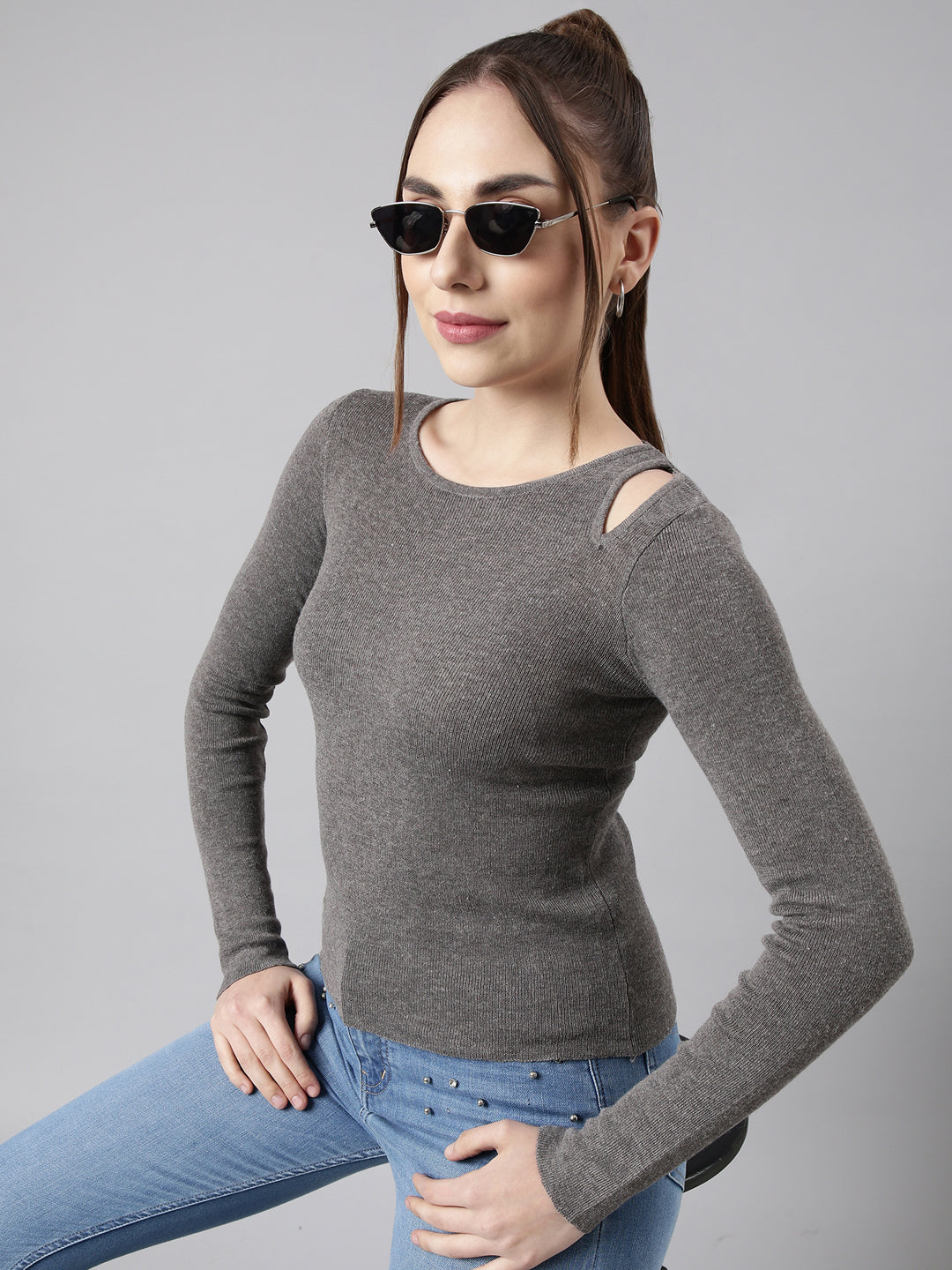 Women Grey Solid Fitted Top