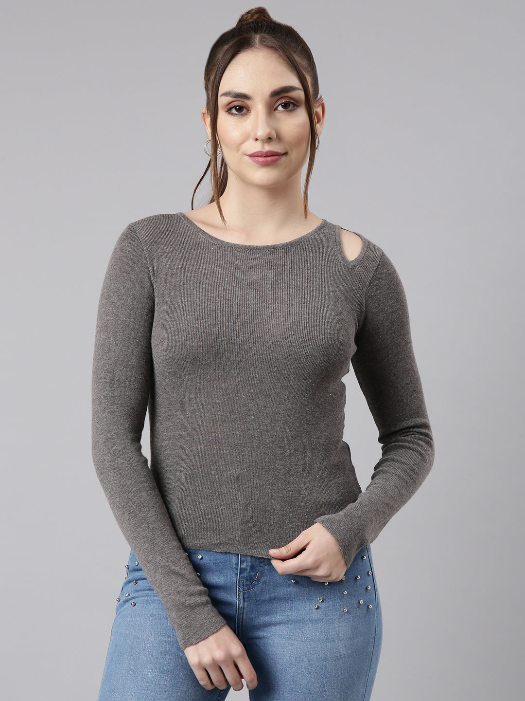 Women Grey Solid Fitted Top