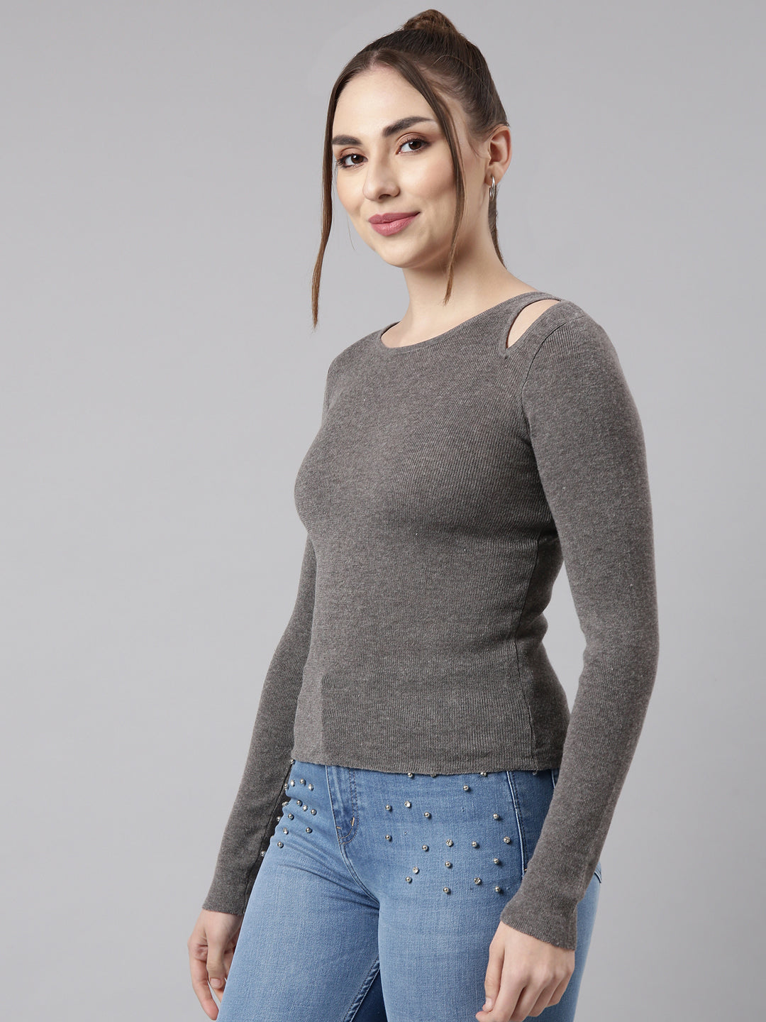 Women Grey Solid Fitted Top