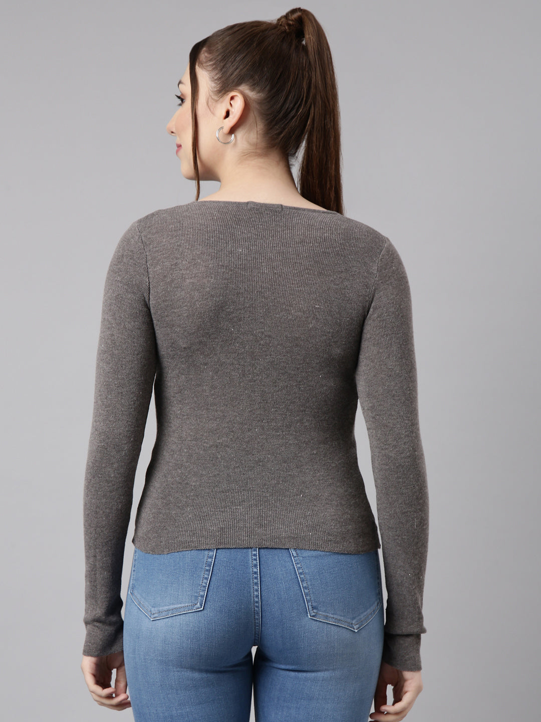 Women Grey Solid Fitted Top