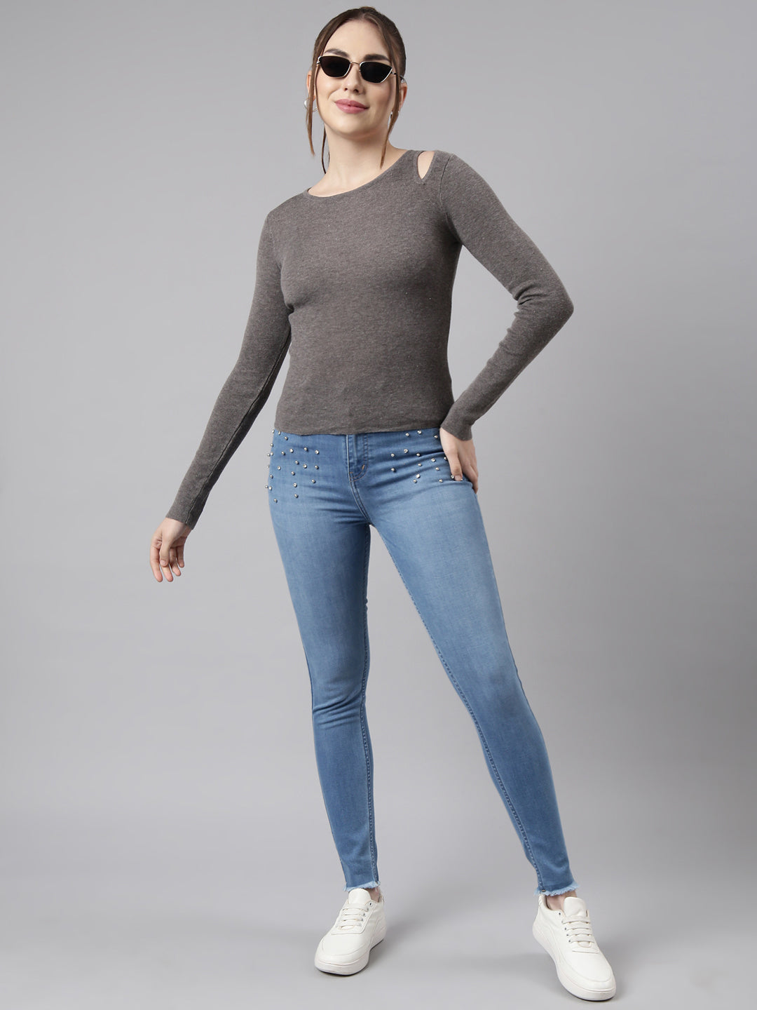 Women Grey Solid Fitted Top