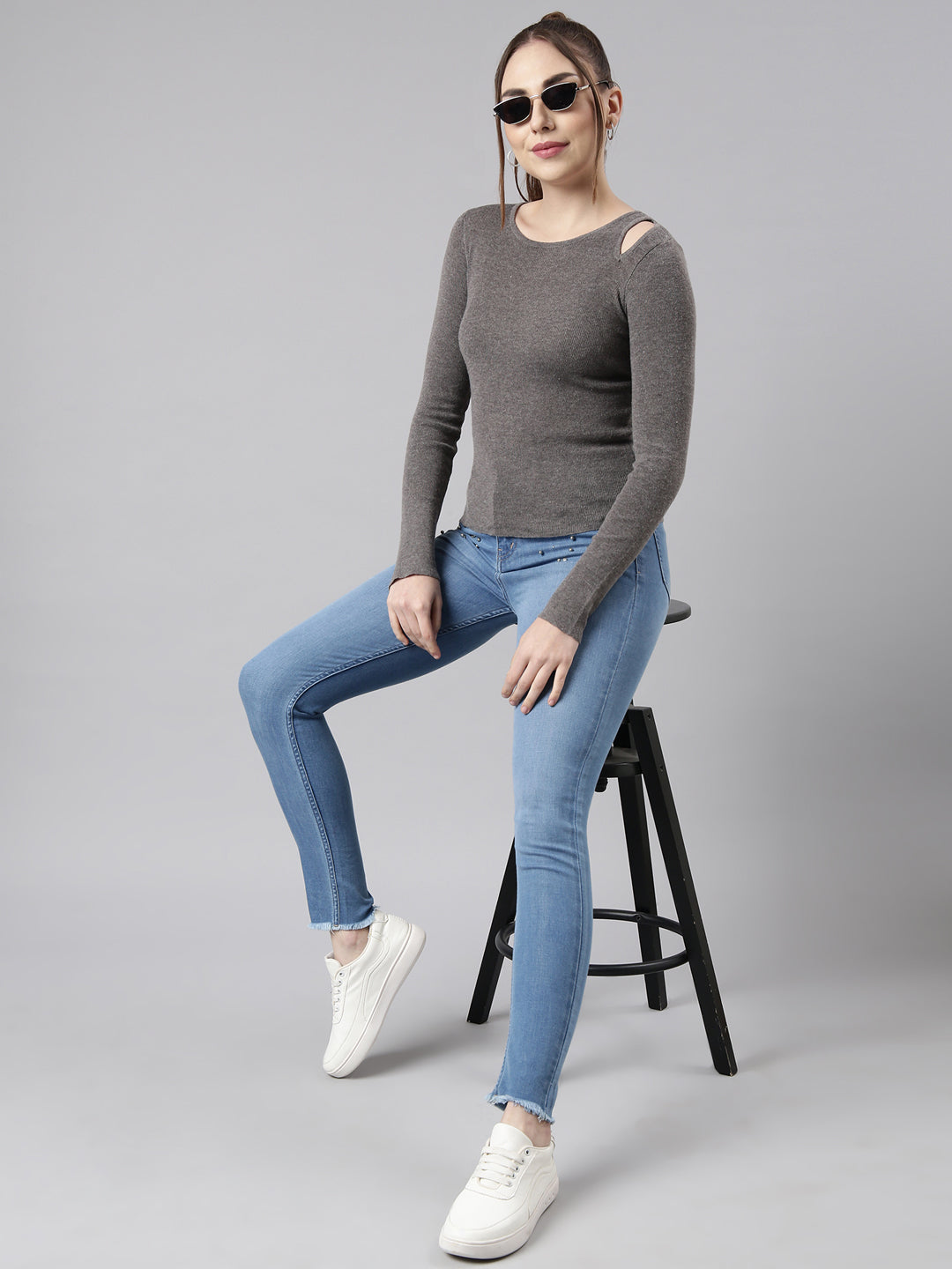 Women Grey Solid Fitted Top