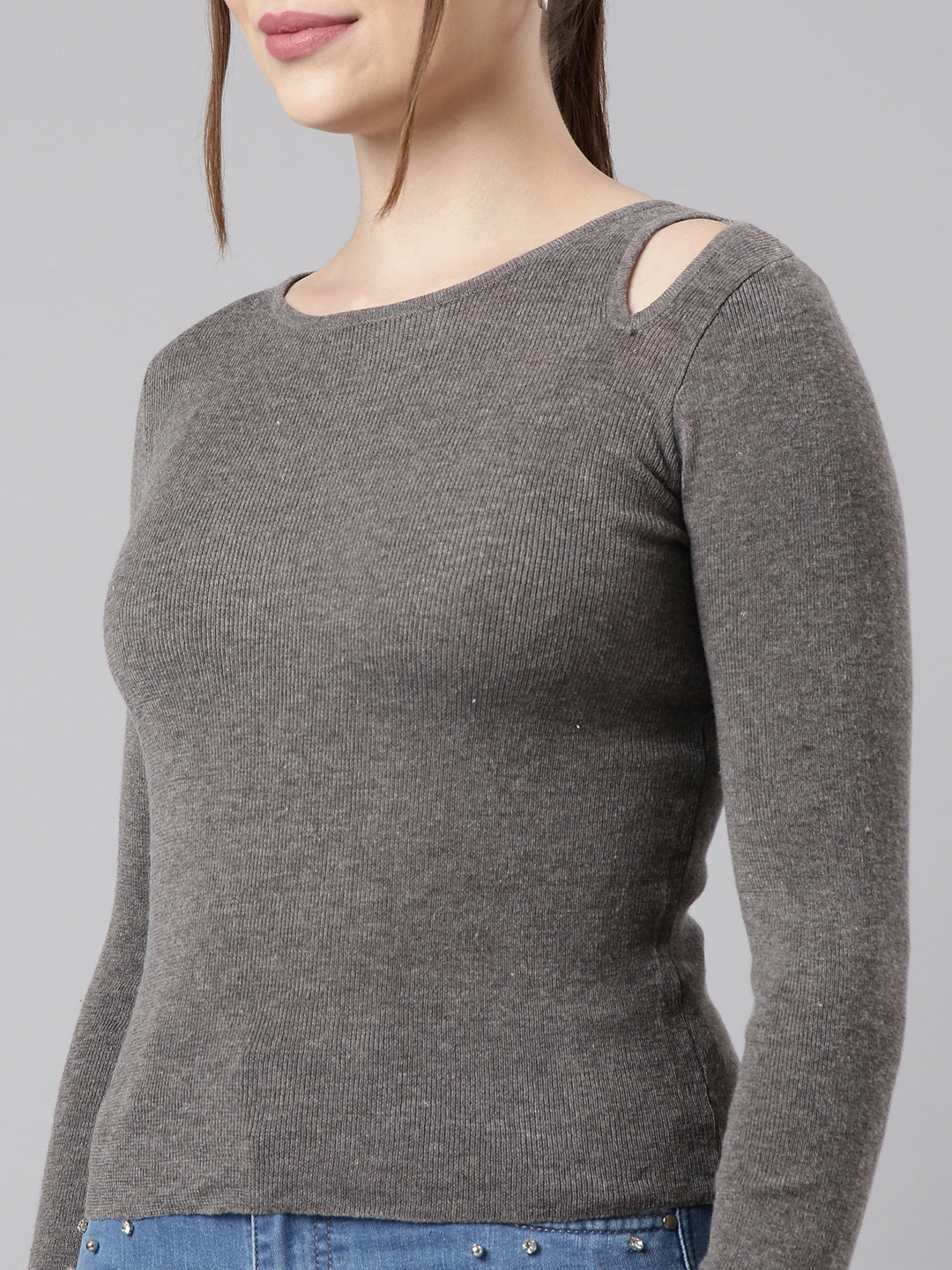 Women Grey Solid Fitted Top