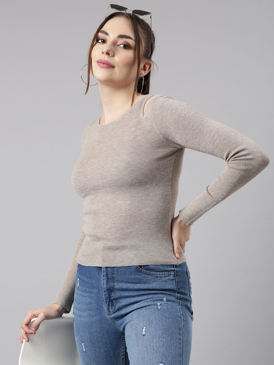 Women Beige Solid Fitted Top